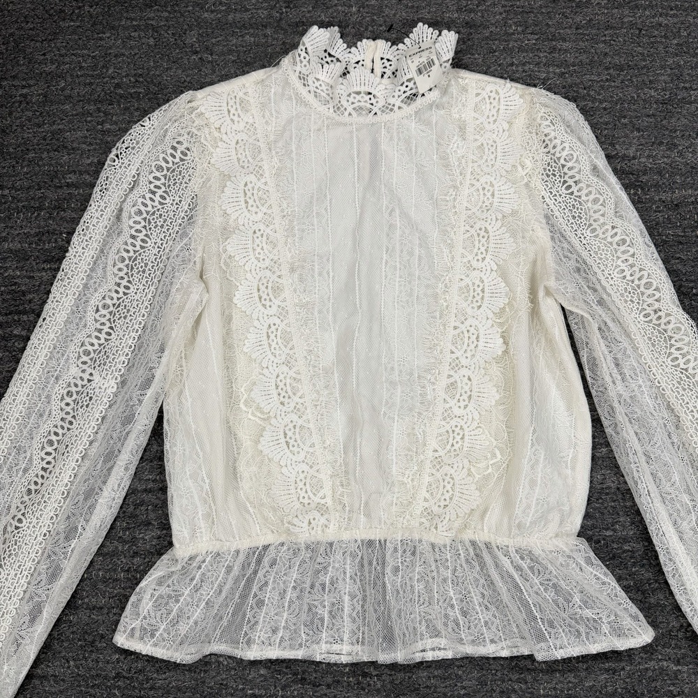Express Lace High-Neck Peplum Shirt Medium Cream Edwardian Whimsigoth Victorian